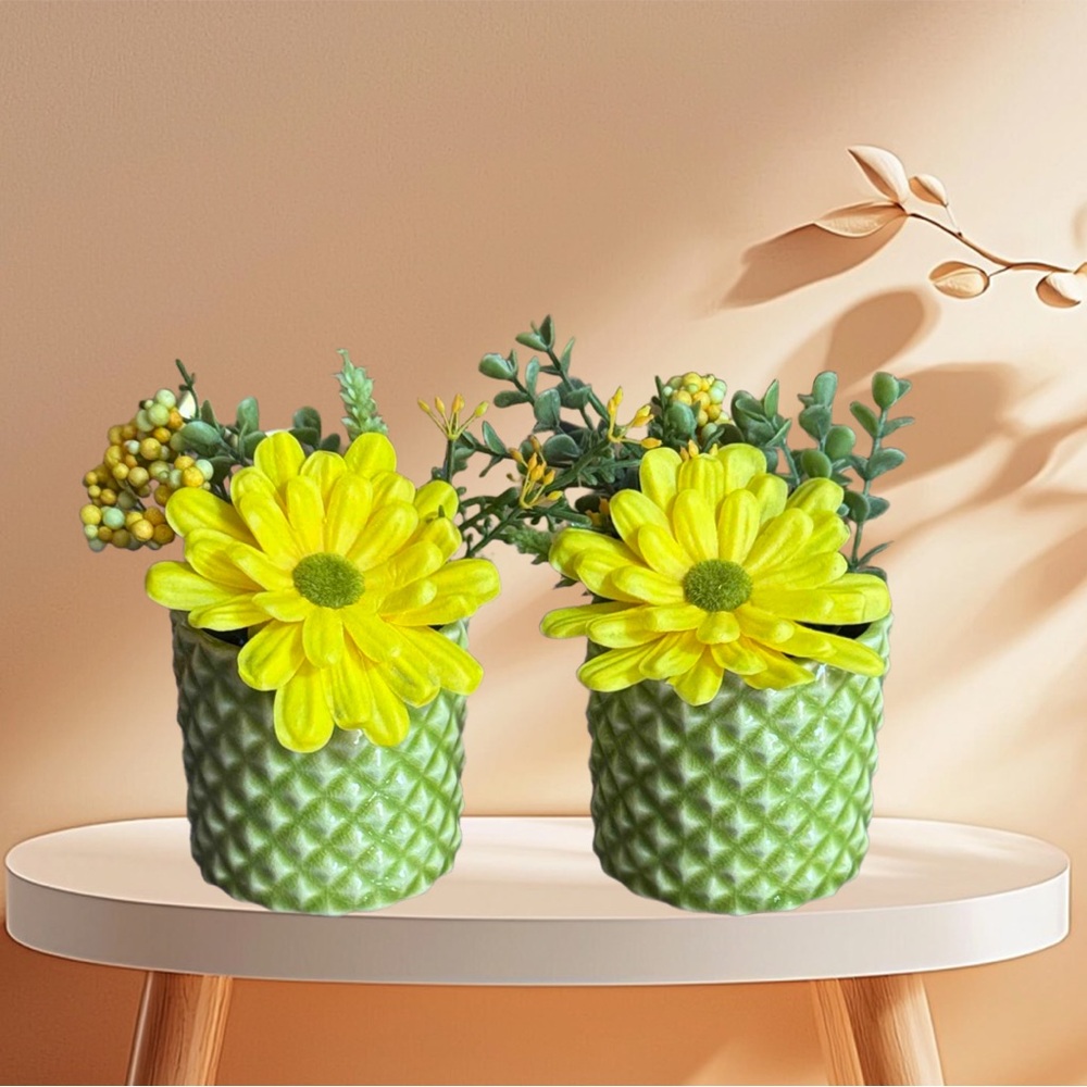 Green Ceramic Planters with Yellow Flowers